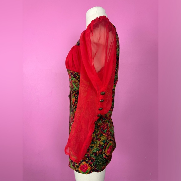 Vintage 1980s 80s Button Up Blouse with Ruched Red Chiffon Sheer Long Sleeves - Picture 6 of 11